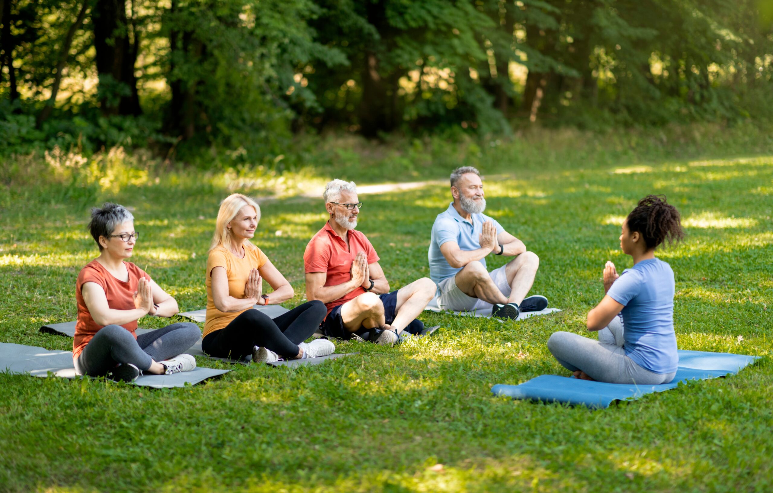 Group,Of,Active,Senior,People,Practicing,Yoga,With,Instructor,Outdoors,